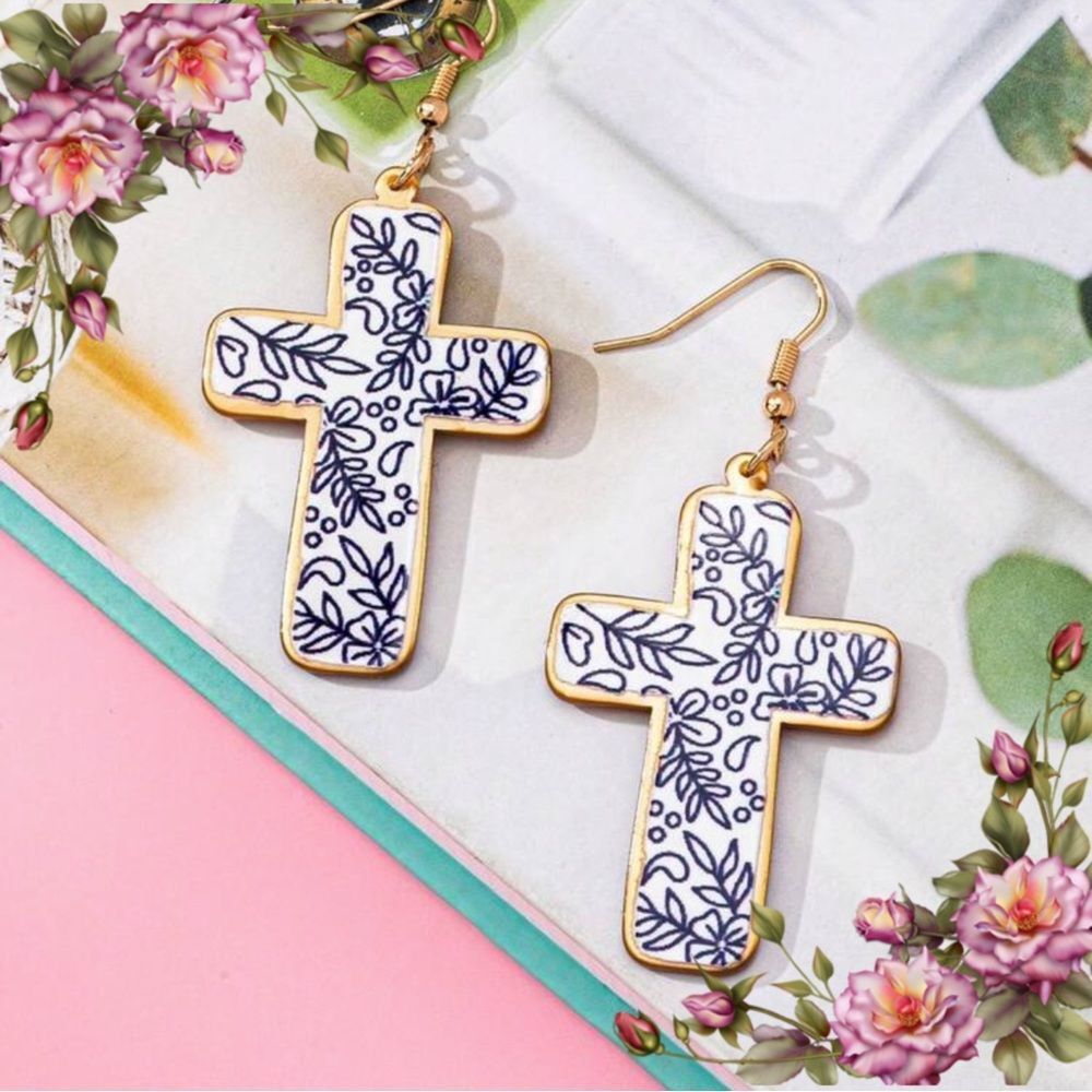 Floral Cross Earrings with Blue Design‎